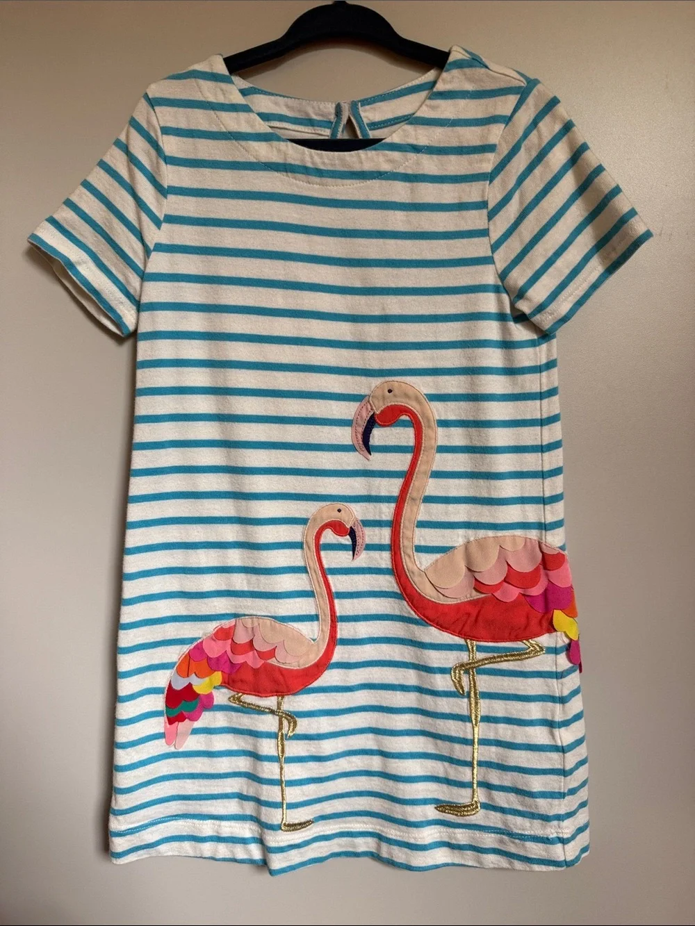 Mini Boden Turquoise & White Striped Dress with Pink Flamingo Appliqués